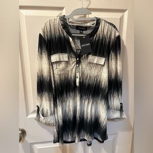 Cocomo XL Women’s Black White & Gray Button-Front Blouse 3/4 Roll Tab Sleeve NWT
